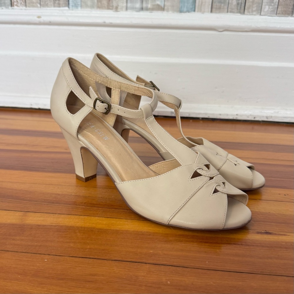 chelsea crew Beige T-Strap Peep Toe Heels